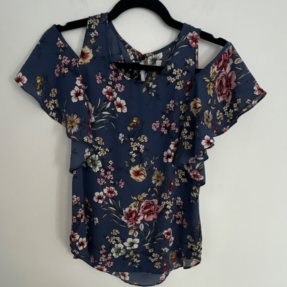 BCX Blue Multicolor Floral Chiffon Cold Shoulder Ruffle Blouse XXS Button‎